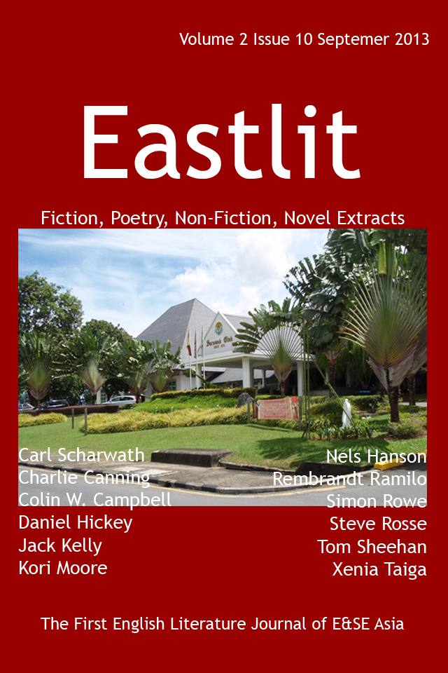 Eastlit September 2013 Cover. The Picture is The Sarawak Club. The picture is by Colin W. Campbell. The unique Eastlit September 2013 Cover Design is by Graham Lawrence. The picture and design are Copyright Eastlit and Creators. The picture is a front view of the club. The Sarawak Club is in Kuching, Sarawak, Malaysia. The club was established in 1876. It is a private members club. Eastlit September 2013 features poetry, non-fiction, fiction, short stories and a novel extract by writers old and new. You can view the complete contents of this issue by clicking on the link in this picture.