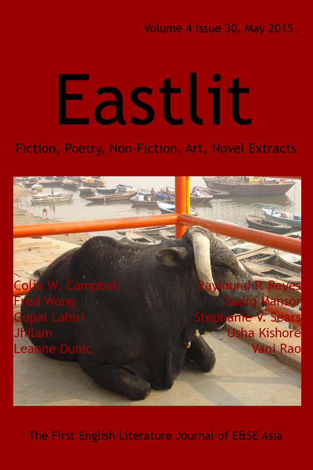 Eastlit May 2015 Cover. Picture:  Famed Varanasi Bull at Dashawamedh Ghat by Jhilam. Cover design by Graham Lawrence. Copyright photographer, Eastlit and Graham Lawrence.